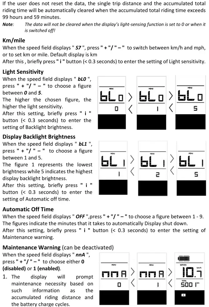MS ENERGY eBike c500 Electric Bike - Parameter Settings