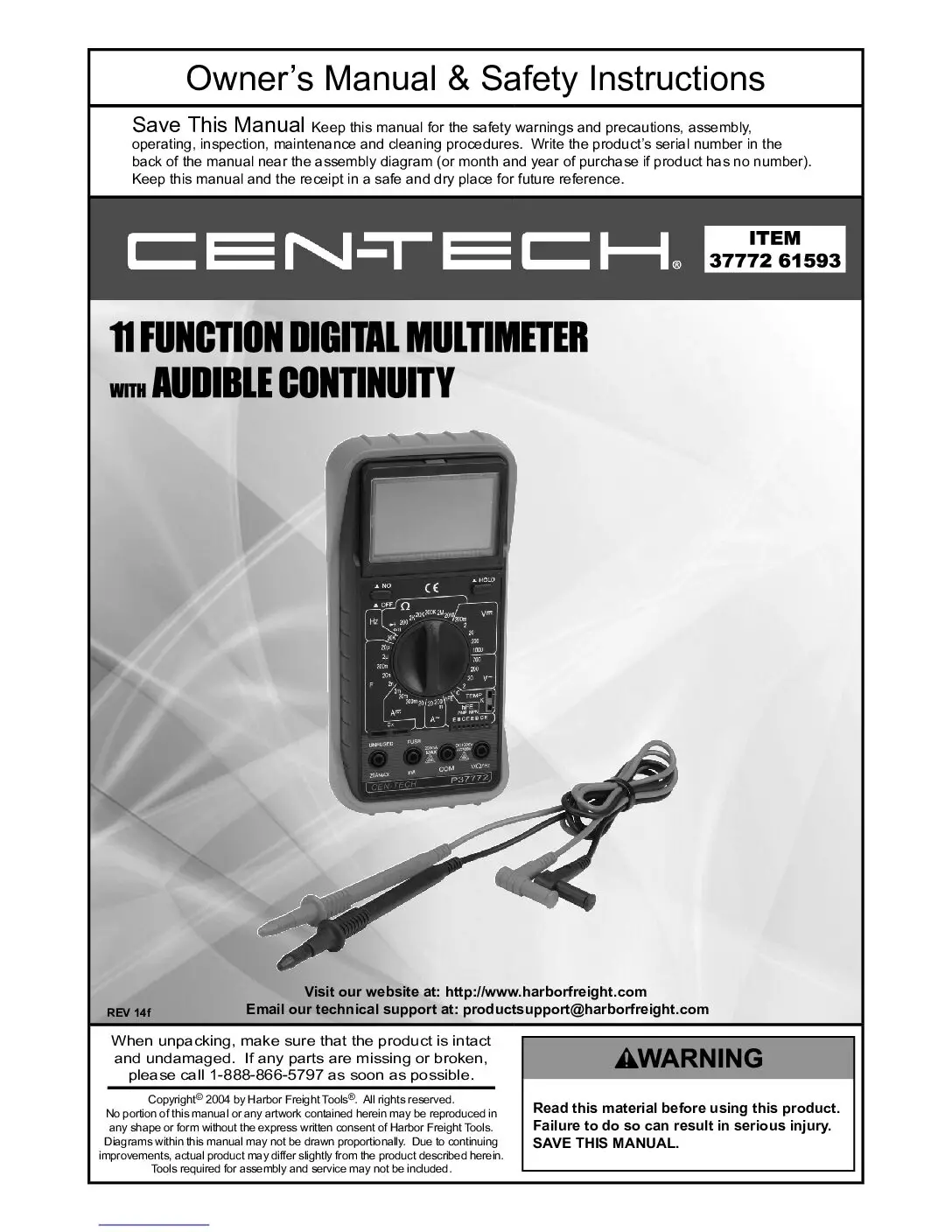 Cen-tech 37772 Digital Multimeter User Manual Cen-tech 37772 Digital Multimeter User Manual