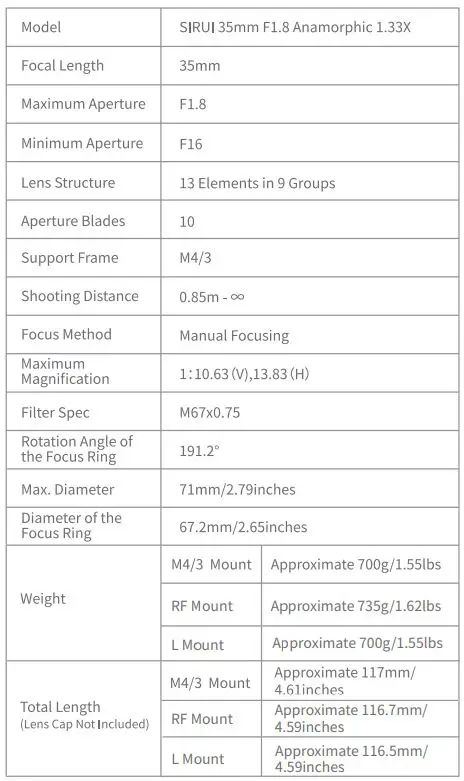 SIRUI 35mm F1.8 Anamorphic 1.33X Lens Instructions - Data Chart for the Lens