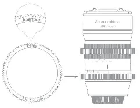 SIRUI 35mm F1.8 Anamorphic 1.33X Lens Instructions - Slide the Aperture Gear Ring form the lens bottom to attach and secure it onto the aperture ring