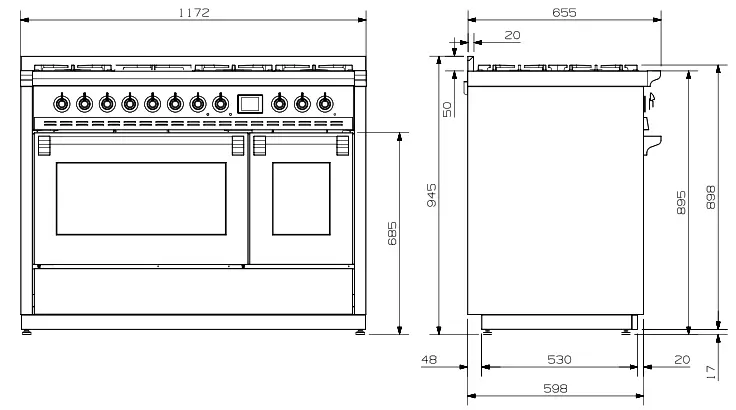 Steel AQ12SF 6M BA C Ascot 120cm Dual Fuel Freestanding Cooker - Diagram