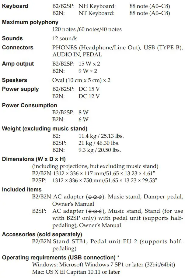 KORG B2 Digital Piano Owner's Manual - Specifications