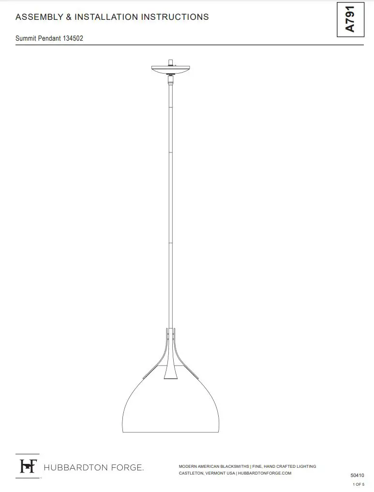 HUBBARDTON FORGE 134502 Summit Pendant Instruction Manual