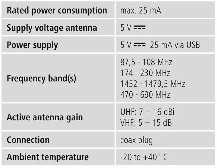 hama 00221084 Active DVB-T2 Indoor Antenna - Specifications