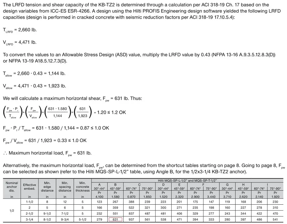 HILTI NFPA 13 Seismic Bracing Anchor Load Tables - Design Example