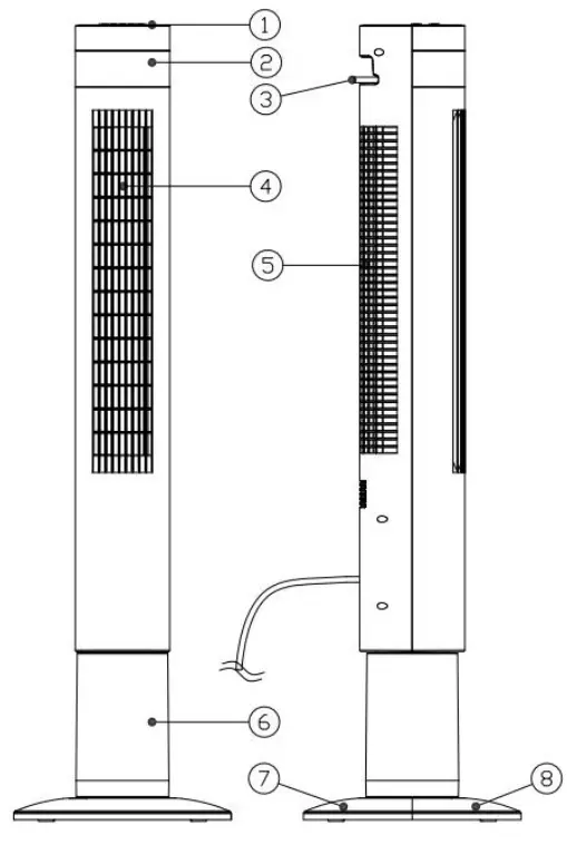 KISMILE 5314 Remote Tower Fan - Structure and parts