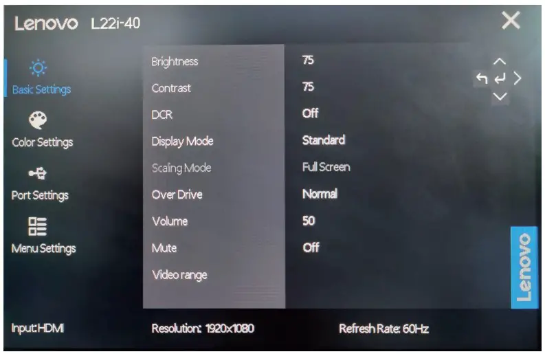 Lenovo L22i 40 21.5 Inch Monitor - controls