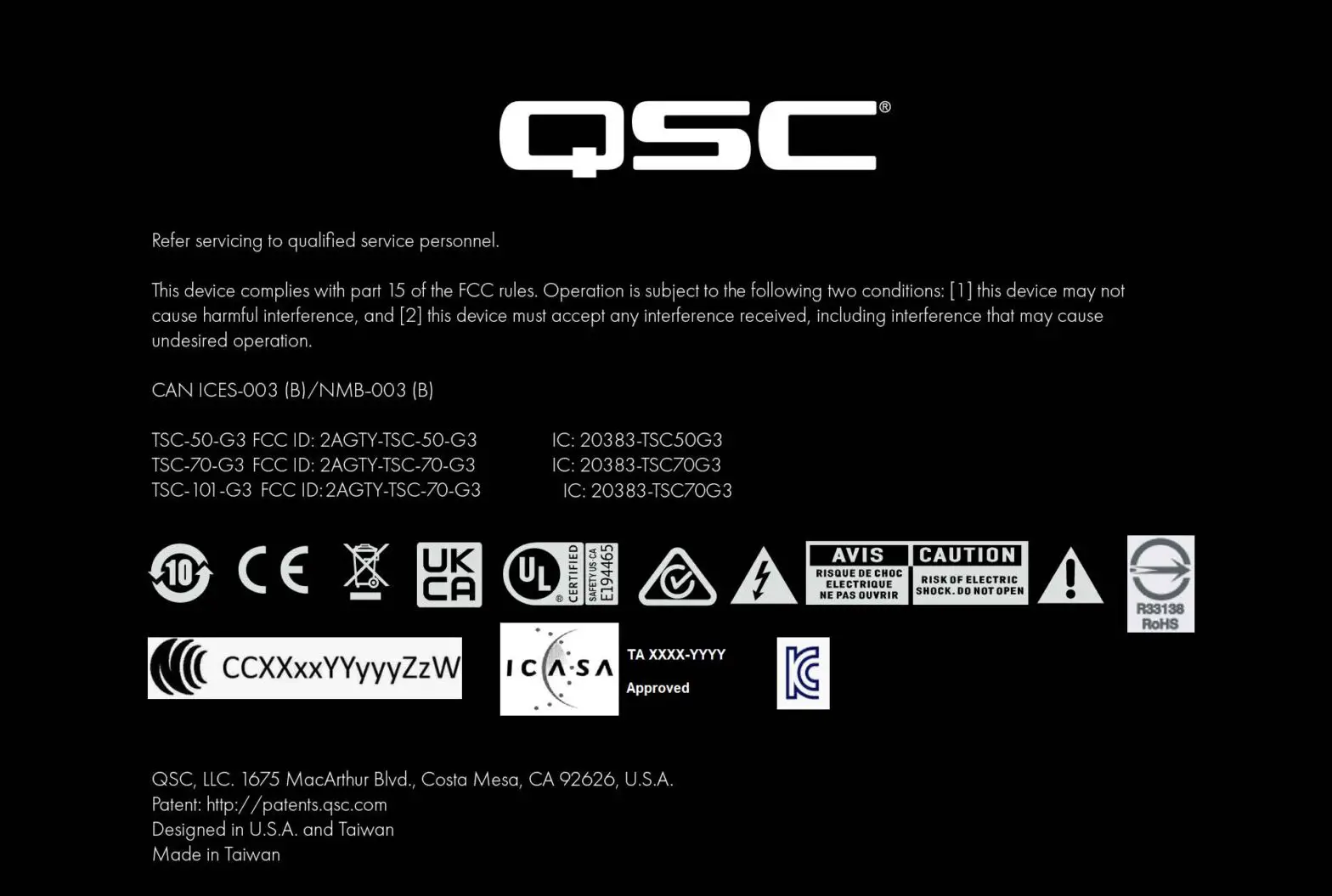 QSC TSC 101 G3 Touchscreen Controller - Label Information 1