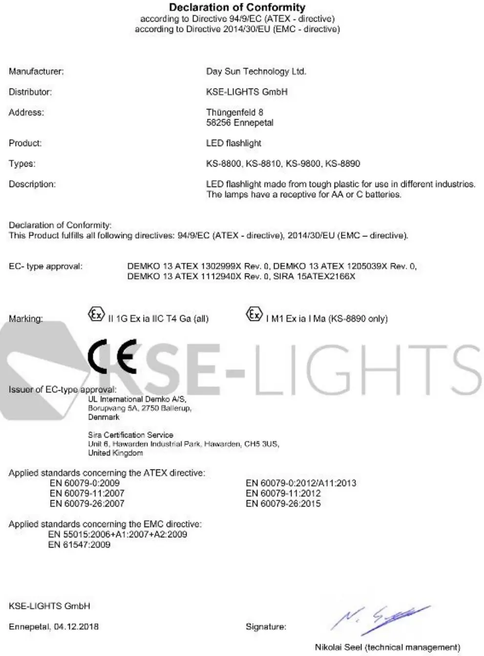 KSE LIGHTS KS 8810 Explosion Proof Hand Lamp - Declaration of Conformity