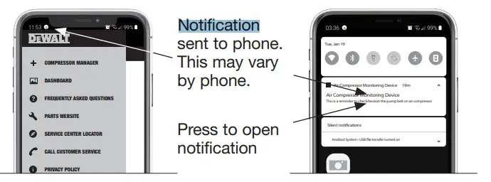 DEWALT DXCMV5048055A Electric Air Compressor - Notification