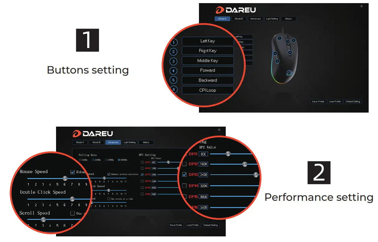 DAREU TM205U Wireless Wired Gaming Mouse- Top Buttons setting