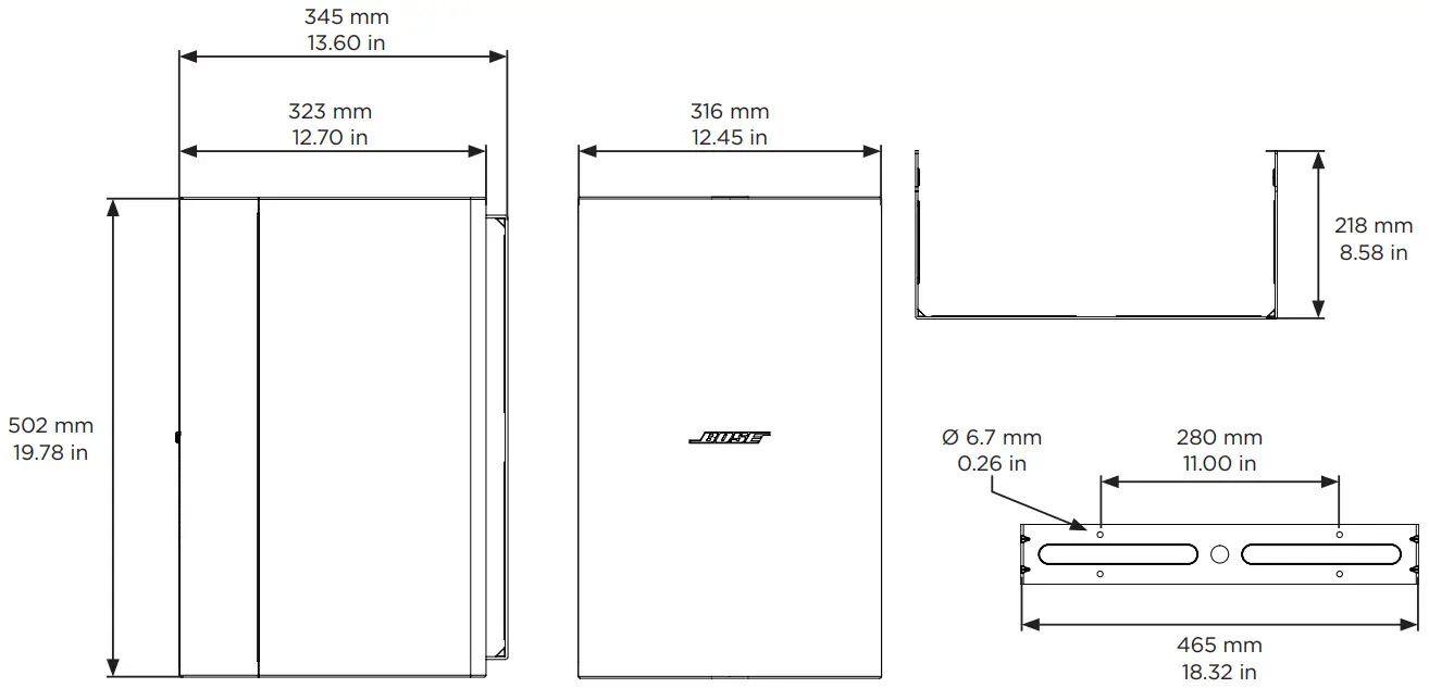 BOSE DesignMax DM10S SUB Surface-Mount Subwoofer - Dimensions
