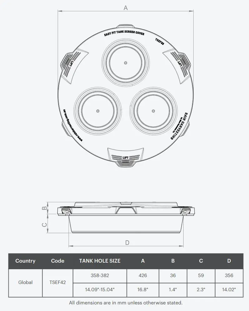 RAIN HARVESTING TSEF42 Easy Fit Solid Wall Tank Screen and Cover Kit Installation Guide - Product Specifications