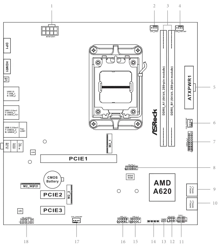 ASRock A620M HDV M 2 Motherboard - Motherboard Layout