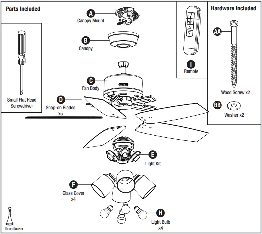 Hunter 52431 4 Lights Ceiling Fan - Box Contents