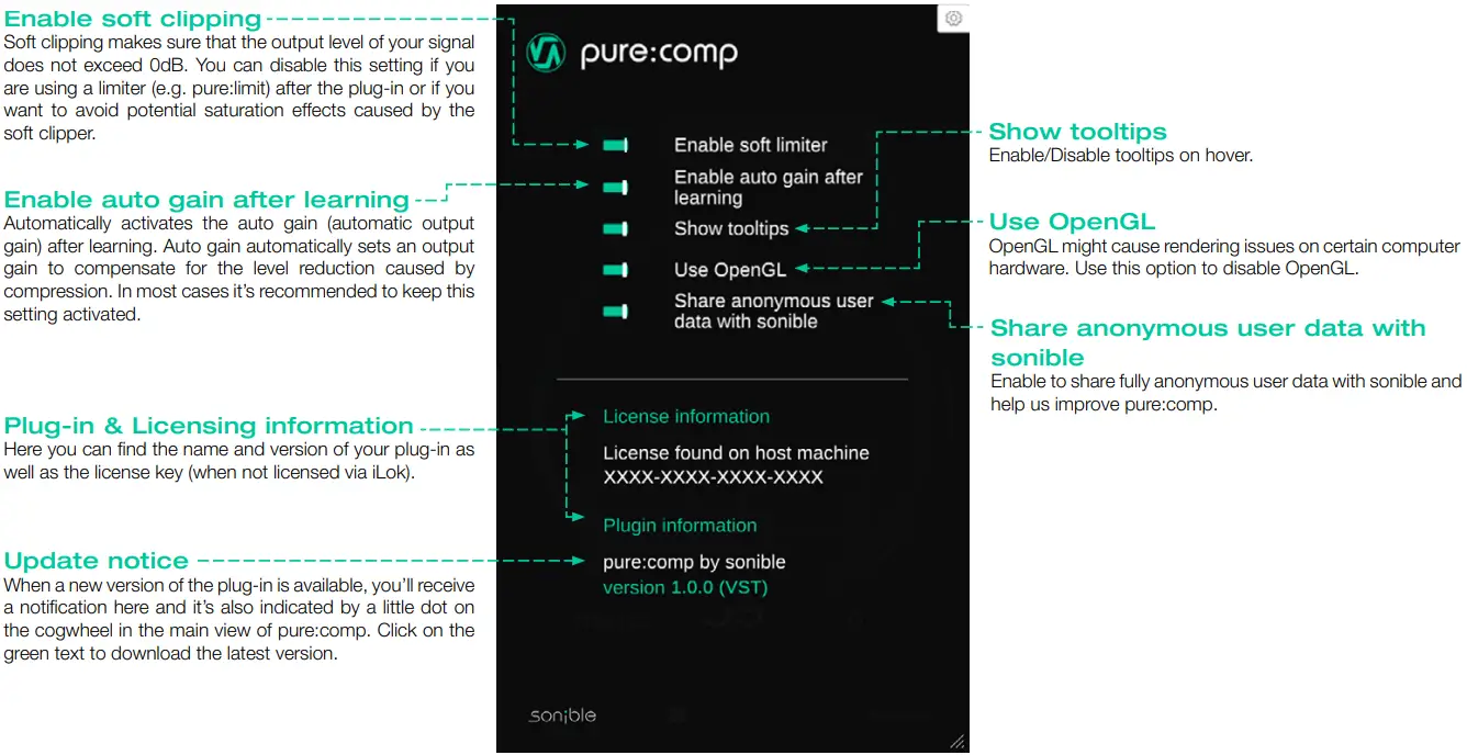 sonible pure comp app - Settings page