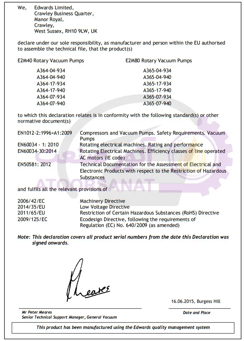 EDWARDS E2M40 Rotary Vacuum Pumps - Declaration