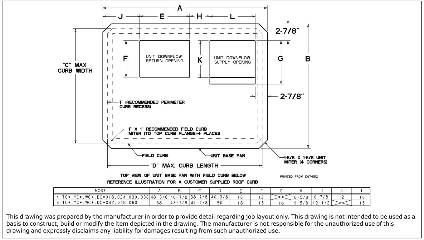 TRANE 4WCC4024E1000A Single Packaged Heat Pump - Table 3 Curb Dimensions