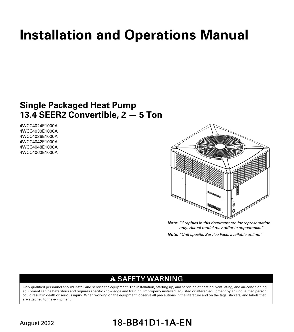 TRANE 4WCC4024E1000A Single Packaged Heat Pump User Manual