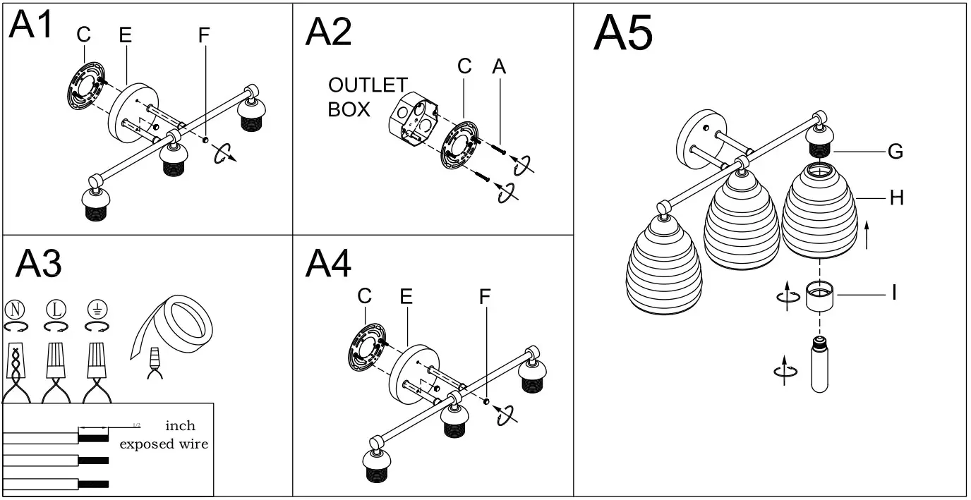 LNC QQ3MBZHD192W388 3-Light Brass Gold Bathroom Vanity Light - assembly