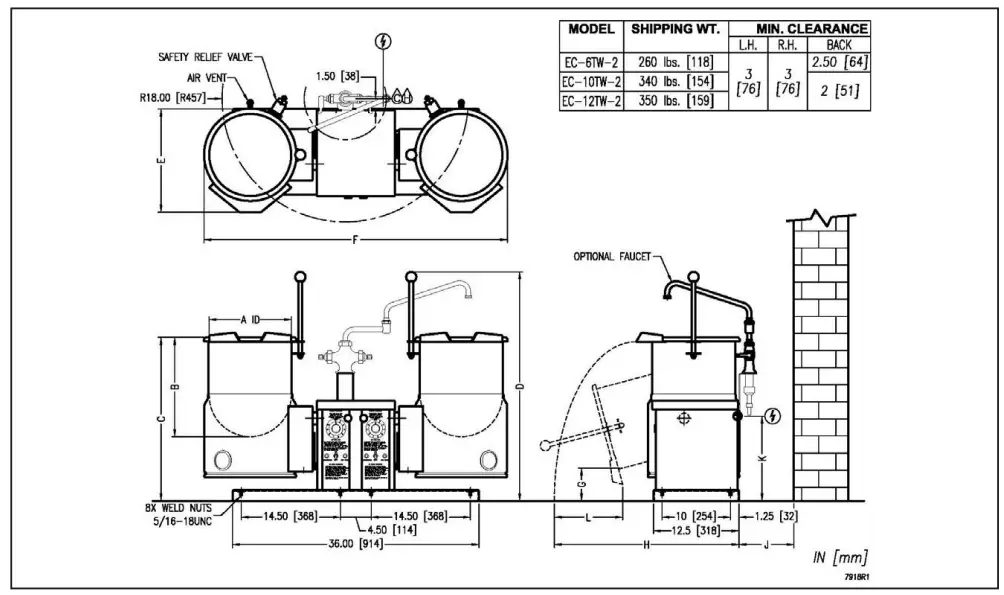 CROWN EC-6TW-2 Self Generating Steam Jacketed Counter Tilting Kettle - Connections