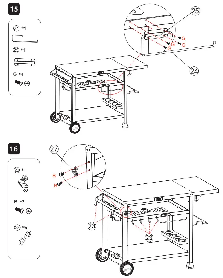 FEASTO 845001L Three Shelf Stainless Outdoor Movable Food Prep Grill Cart Table - Fig 6