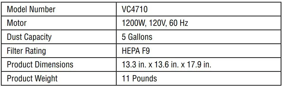 WEN VC4710 Portable Wet or Dry Utility Vacuum Cleaner Instruction Manual - SPECIFICATIONS