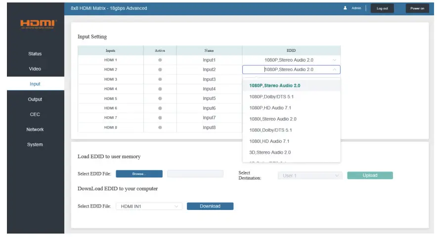 iMatrix H88A 18Gbps 8X8 HDMI Matrix - Input Page
