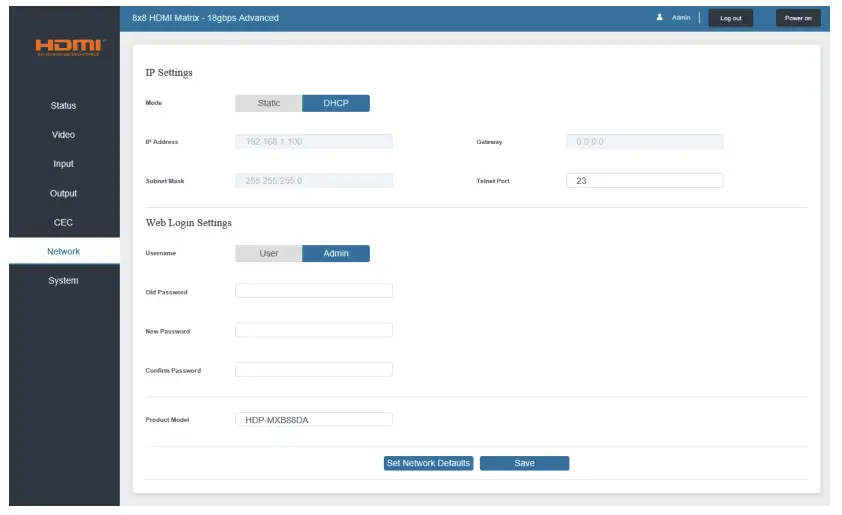 iMatrix H88A 18Gbps 8X8 HDMI Matrix - Network Page