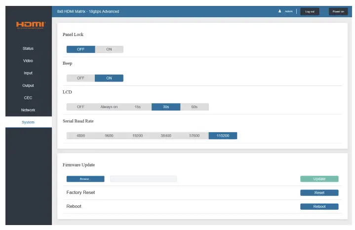iMatrix H88A 18Gbps 8X8 HDMI Matrix - System Page