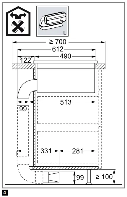 Installation dimensions for flat duct bends