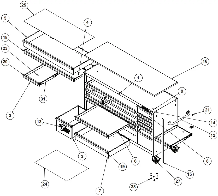 EXTREME TOOLS RX722519RC X 19 Drawer Powder Coated Steel Roller Cabinet - Parts List