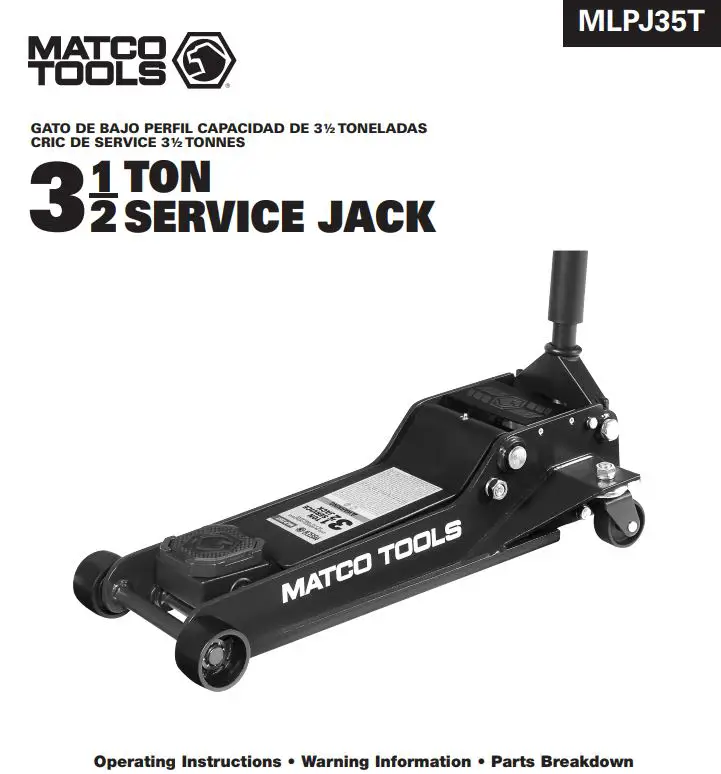 MATCO TOOLS MLPJ35T Low Profile Floor Jack Instruction Manual