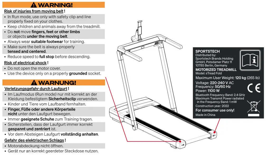 SPORTSTECH sTread Fold 2 in 1 Folding Treadmill - SAFETY STICKERS