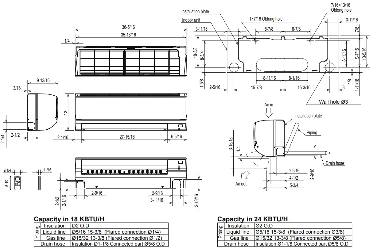 MITSUBISHI ELECTRIC MSZ HM24NA Wall Mounted Heat Pump System - DIMENSIONS