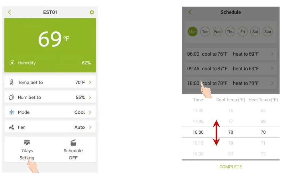ecoer EST01 Wi-Fi Programmable Thermostat User Guide - Detailed Schedule Setting via ‘Ecoer Home’ App