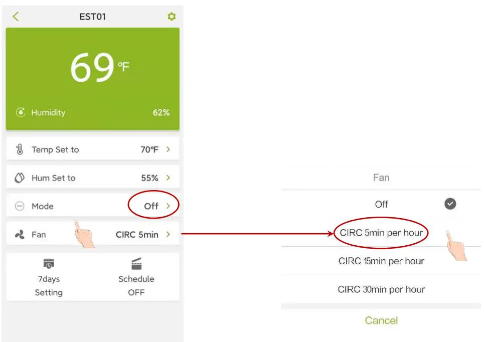 ecoer EST01 Wi-Fi Programmable Thermostat User Guide - FAN CIRC Setting by Ecoer Home App