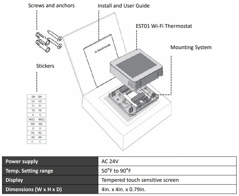 ecoer EST01 Wi-Fi Programmable Thermostat User Guide - Parts in the packaging box