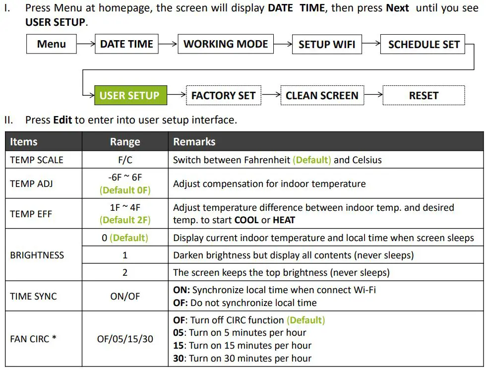 ecoer EST01 Wi-Fi Programmable Thermostat User Guide - USER SETUP