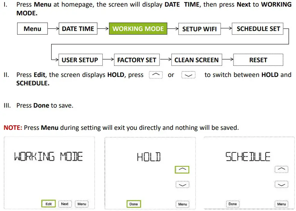 ecoer EST01 Wi-Fi Programmable Thermostat User Guide - Working Mode