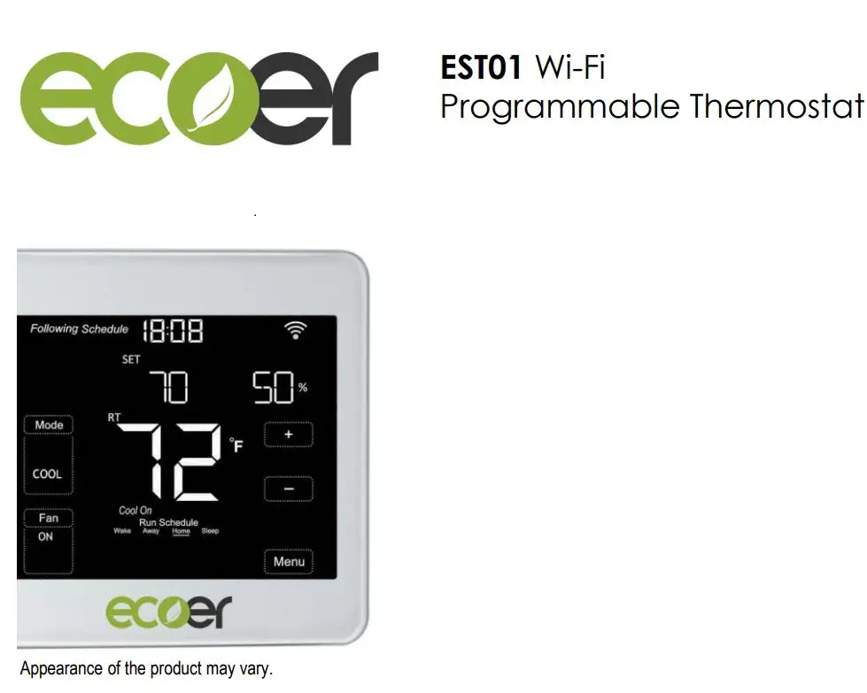 ecoer EST01 Wi-Fi Programmable Thermostat User Guide