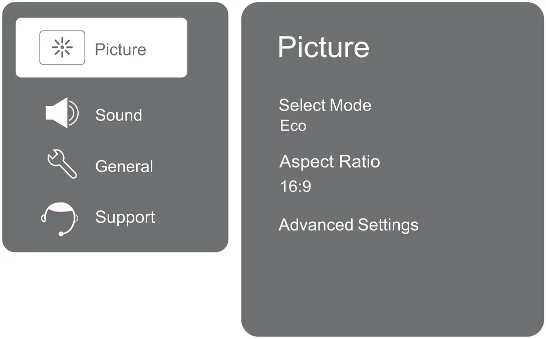 Continental CE TV65UQW1F2US 65 Inch UHD 4K Frameless Smart TV - Menu Setting