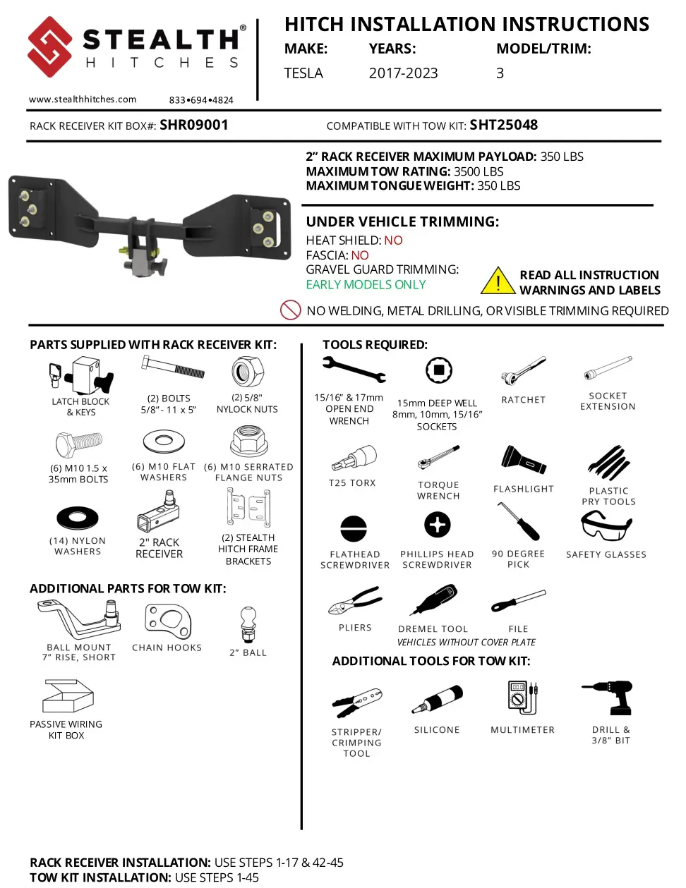 STEALTH HITCHES SHR09001 Rack Receiver Kit Box for Tesla Model 3 Hitch Instruction Manual, Parts and Tools