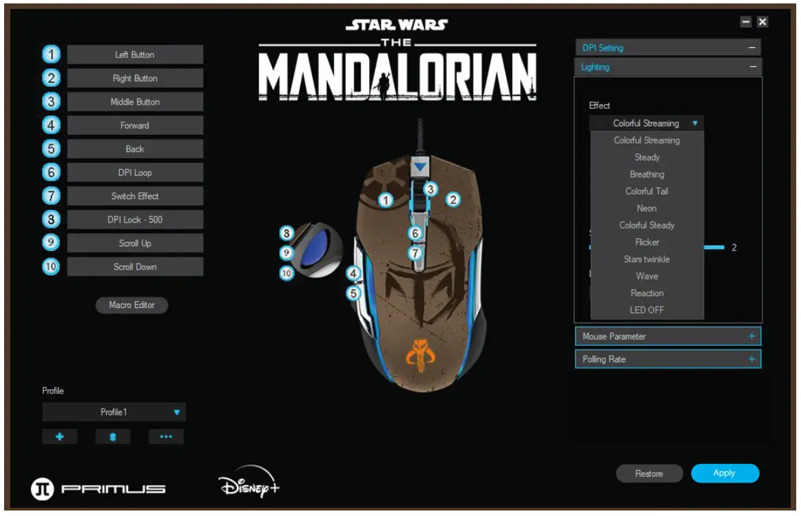 PRIMUS PMO-S202ML Star Wars the Mandalorian Mouse - Lighting menu