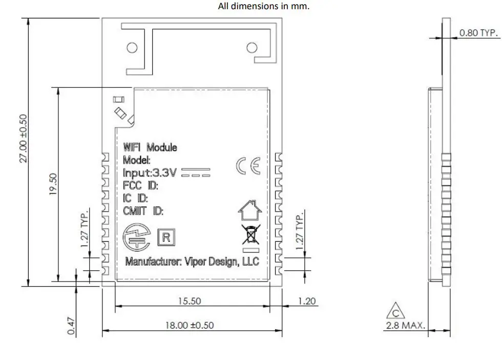 VIPER DESIGN VDWIFIRT3 WiFi 802.11 b-g-n BLE 5.0 Module User Manual - Dimensions
