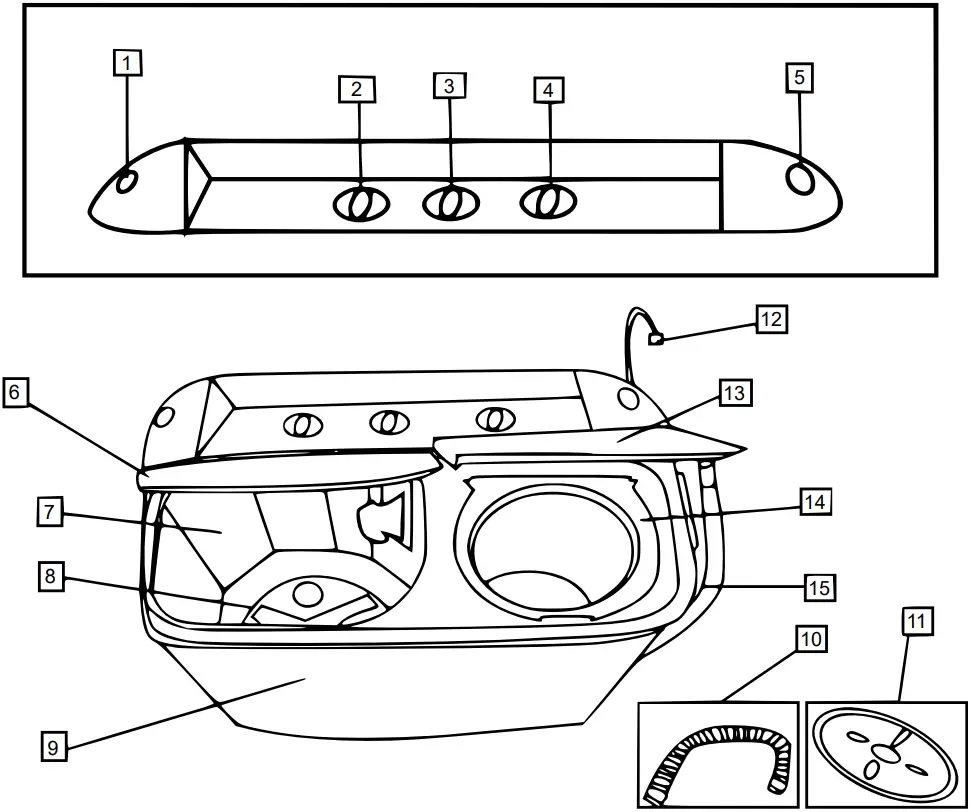 WilTec 62047 Semi-Automatic Washing Machine - Components and their names