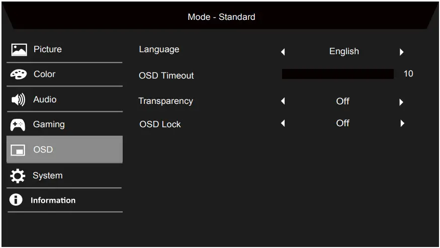 Acer XZ342CU Widescreen LCD Monitor - OSD