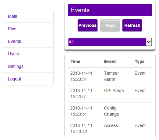 ARITECH UC140 UltraSync Communicator - Events menu