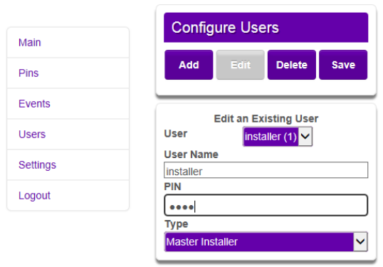 ARITECH UC140 UltraSync Communicator - Users menu