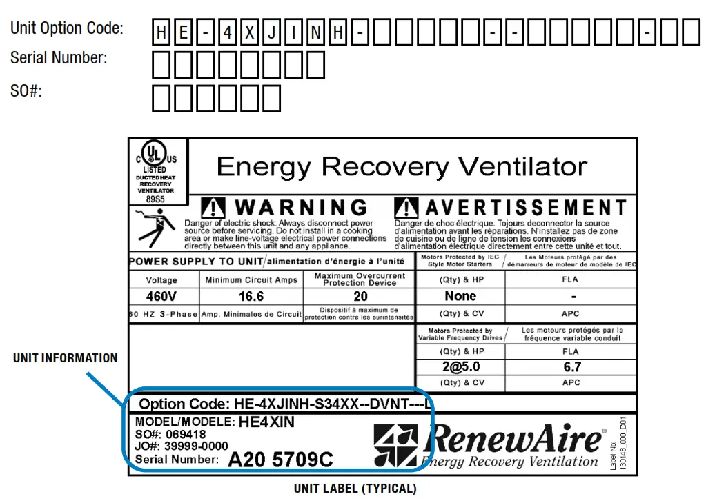 RenewAire HE Series ERV HE4XINH Energy Recovery Ventilator - Unit Code